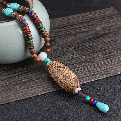 Colliers pour hommes et femmes, chaîne de pull rétro en perles de bois, pendentif Bodhi long - LUXARAH
