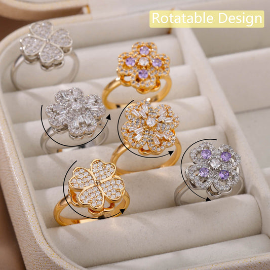 Bagues de fleurs rotatives avec strass, bague de décompression anti-anxiété tendance