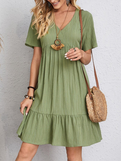 Robe à manches courtes et col en V, mode estivale, décontractée, ample, à volants, vêtements de plage pour femmes - LUXARAH