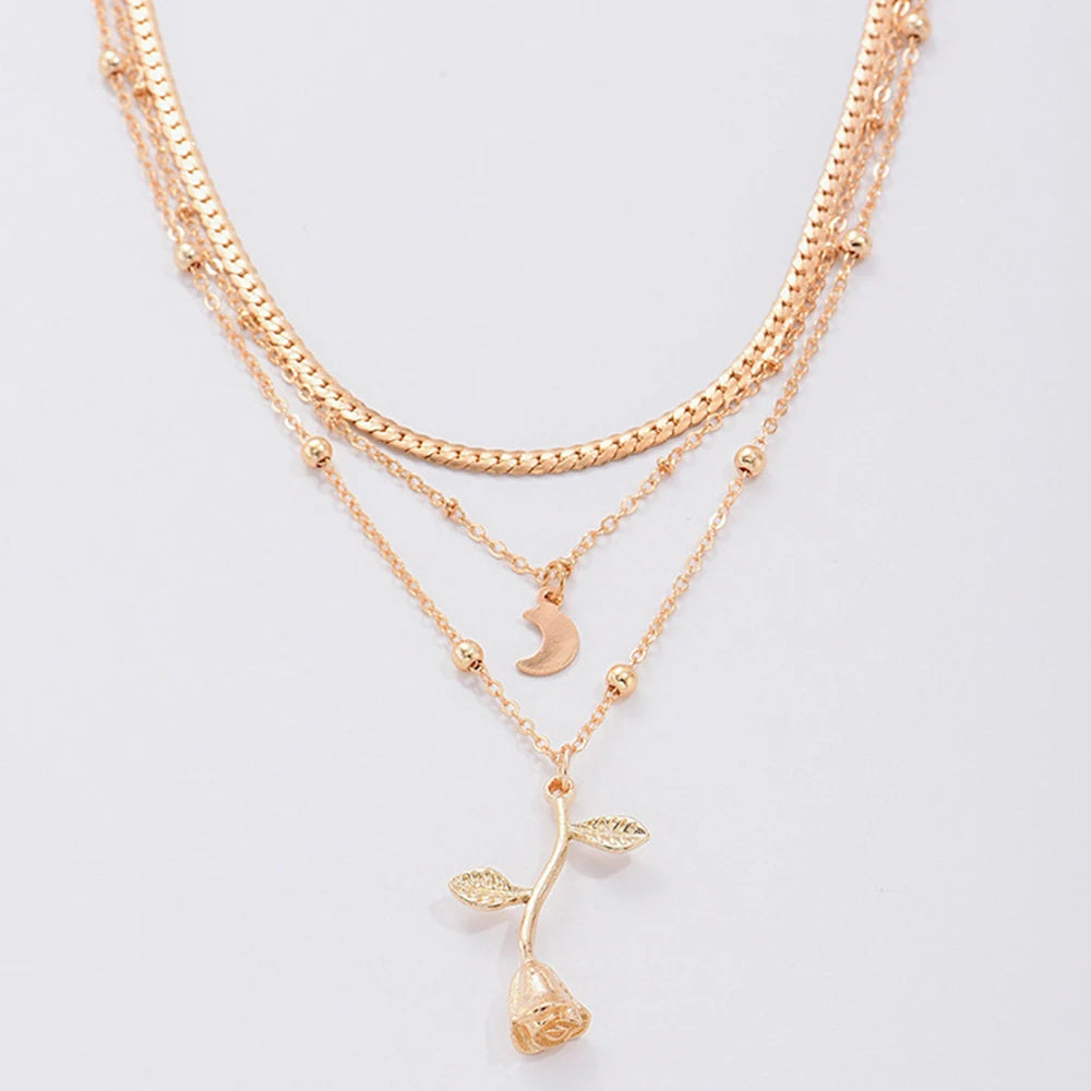 Colliers bohèmes multicouches avec pendentif lune doré pour femmes, collier ras du cou en forme de rose, bijoux tendance, cadeau de fête, Saint-Valentin