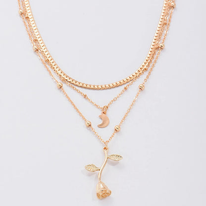 Colliers bohèmes multicouches avec pendentif lune doré pour femmes, collier ras du cou en forme de rose, bijoux tendance, cadeau de fête, Saint-Valentin