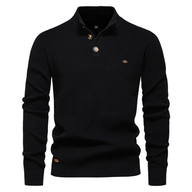 Pull tricoté à col montant et fermeture éclair pour homme, coupe slim, couleur unie, manches longues, demi-col roulé