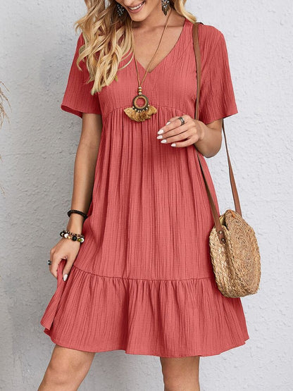 Robe à manches courtes et col en V, mode estivale, décontractée, ample, à volants, vêtements de plage pour femmes - LUXARAH