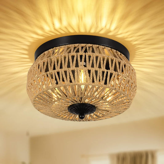 Lustre encastré à 3 lampes en rotin tressé avec abat-jour, cage fait main pour chambre, cuisine, couloir, porche. Plateformes indisponibles - Welfel - LUXARAH