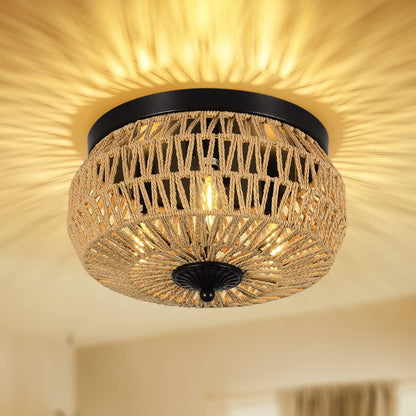 Lustre encastré à 3 lampes en rotin tressé avec abat-jour, cage fait main pour chambre, cuisine, couloir, porche. Plateformes indisponibles - Welfel
