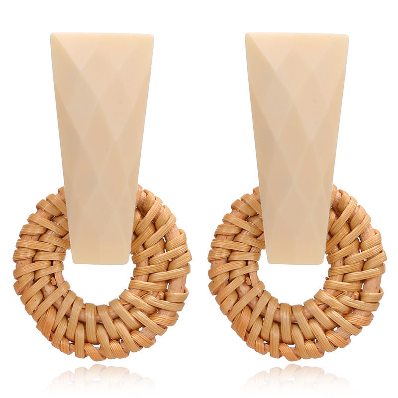 Boucles d'oreilles géométriques creuses en rotin tissées à la main en bois, bambou et rotin, style rétro - LUXARAH