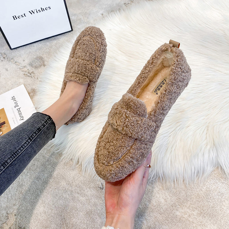 Mocassins plats en peluche pour femme, chaussures tendance et chaudes à pois, collection hiver