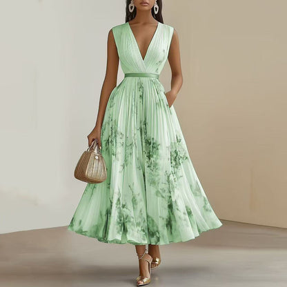 Robe longue sans manches à imprimé floral et col en V profond avec poches - Robe de plage fluide à ourlet volanté - LUXARAH