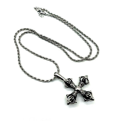 Collar con colgante de cruz de mortero Vajra de plata 925 para hombre y mujer