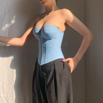 Débardeur tube en jean Y2K avec design noué dans le dos, débardeur corset court tendance pour femmes