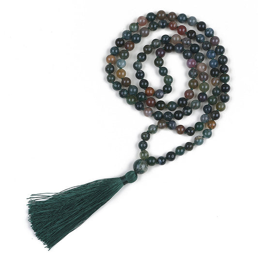 Long Agate Necklace with 108 Simple Tassel Beads for Women