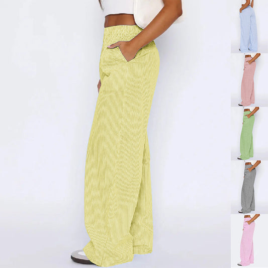 Pantalon rayé avec poches, style décontracté, coupe large et droite, pour femme