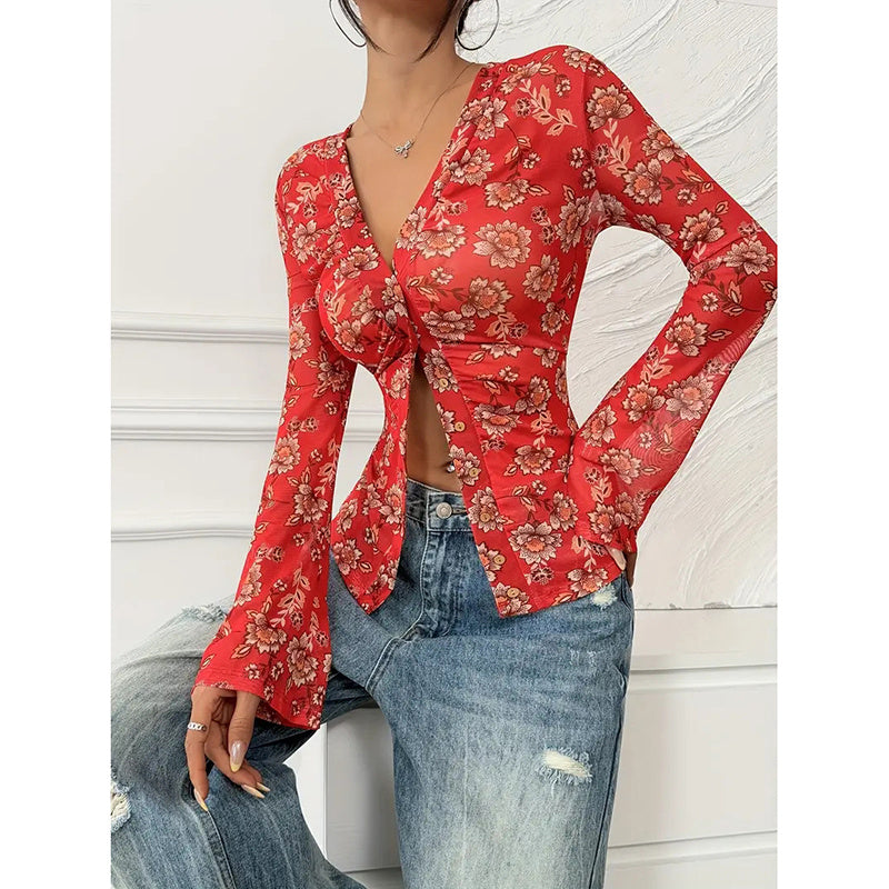 Chemisier boutonné à fleurs, tendance automne 2025, manches longues, col en V, froncé, ajusté - LUXARAH