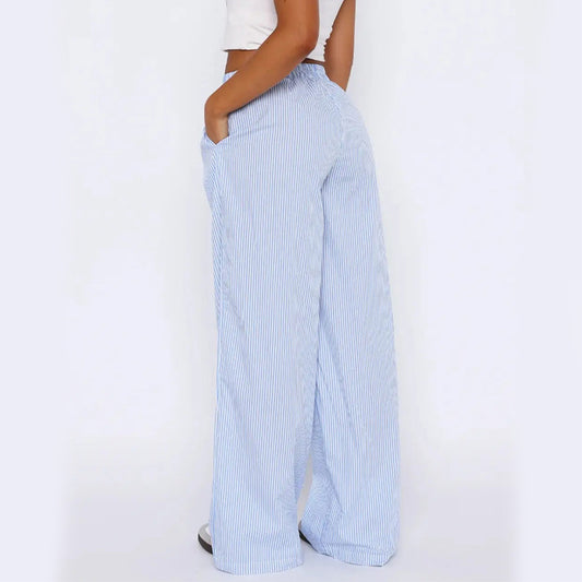 Pantalon rayé avec poches, style décontracté, coupe large et droite, pour femme