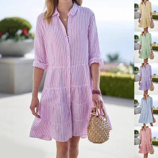 Robe chemise rayée à manches longues et boutons à revers - LUXARAH