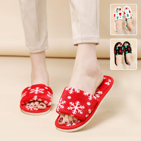 Pantoufles de Noël pour femmes, pantoufles en peluche à bout ouvert, chaussures de maison pelucheuses