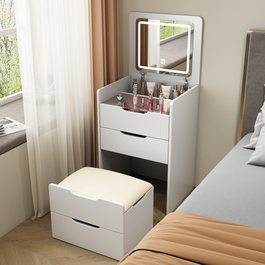 Coiffeuse 3 en 1 avec miroir rabattable, petite coiffeuse avec plateau en verre visible, compacte - LUXARAH