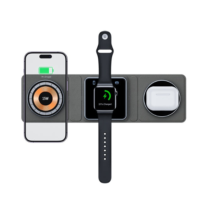 Station de charge magnétique pliable sans fil 3 en 1 pour iPhone, charge rapide transparente pour iWatch et AirPods