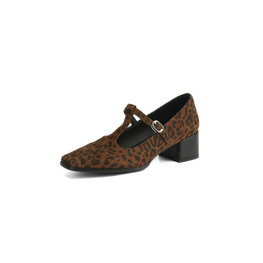 Escarpins à talons hauts et épais en peau de mouton, imprimé léopard vintage, bout carré