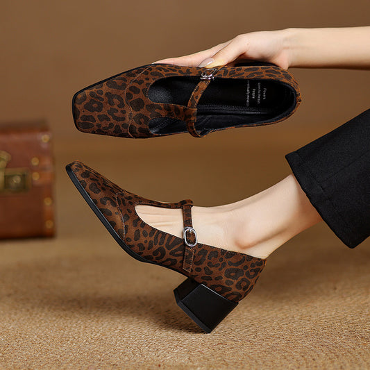 Escarpins à talons hauts et épais en peau de mouton, imprimé léopard vintage, bout carré