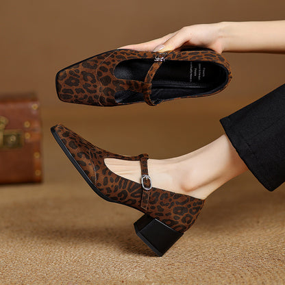 Escarpins à talons hauts et épais en peau de mouton, imprimé léopard vintage, bout carré