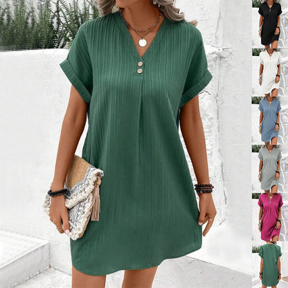 Robe décontractée à manches courtes et col en V pour femme, couleur unie, boutons