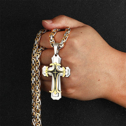 Collar con colgante de cruz latina y cruz cristiana para hombre, joyería de moda de acero inoxidable, tres capas, ideal como regalo.