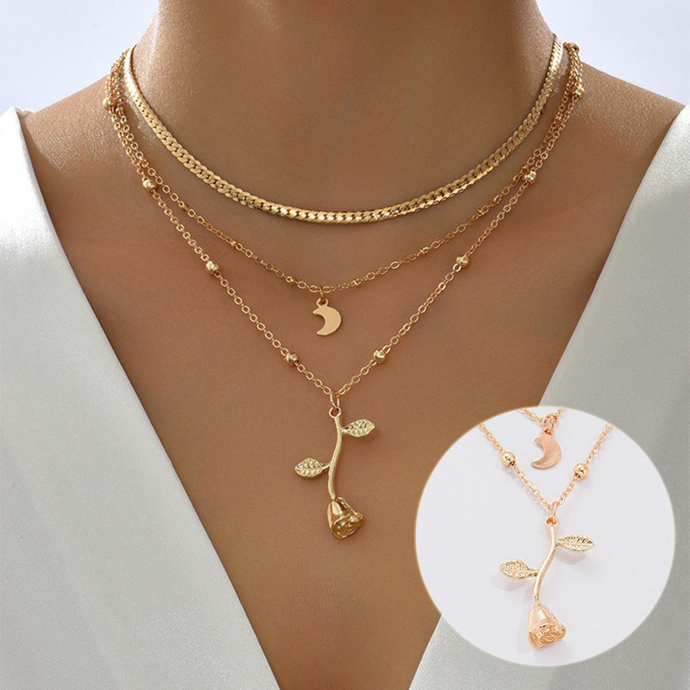 Colliers bohèmes multicouches avec pendentif lune doré pour femmes, collier ras du cou en forme de rose, bijoux tendance, cadeau de fête, Saint-Valentin