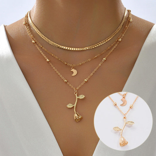 Colliers bohèmes multicouches avec pendentif lune doré pour femmes, collier ras du cou en forme de rose, bijoux tendance, cadeau de fête, Saint-Valentin