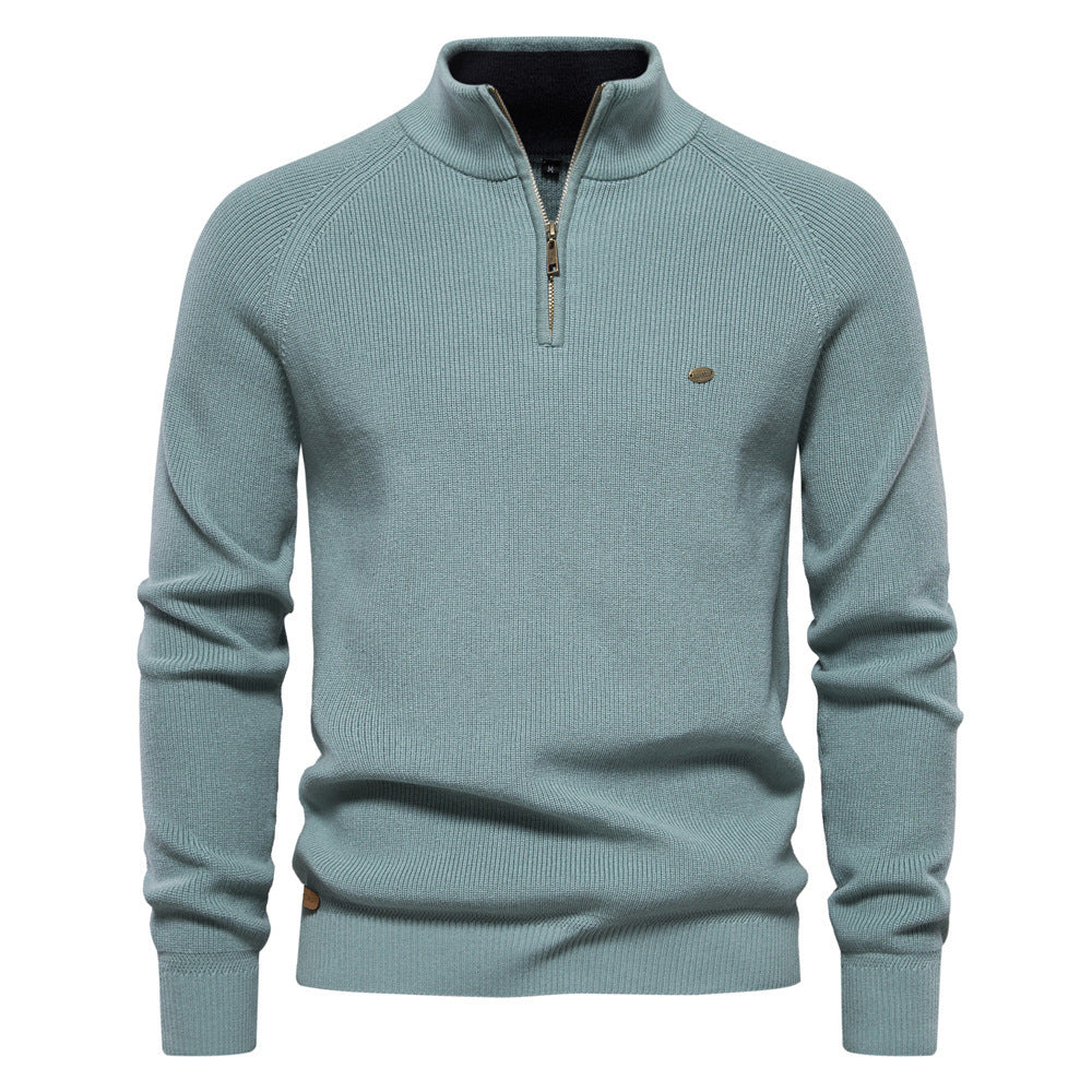 Pull tricoté à col montant et fermeture éclair pour homme, coupe slim, couleur unie, manches longues, demi-col roulé