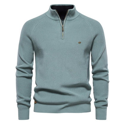 Pull tricoté à col montant et fermeture éclair pour homme, coupe slim, couleur unie, manches longues, demi-col roulé