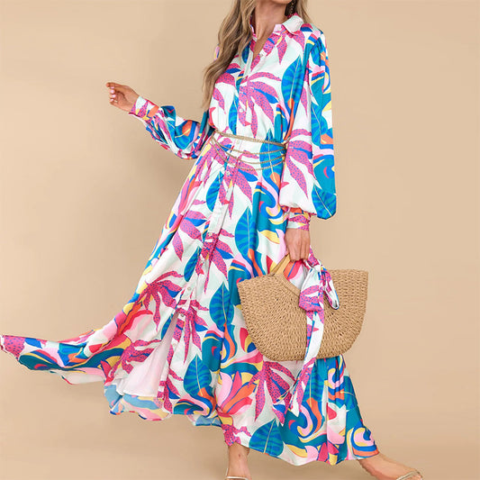 Nouvelles robes imprimées à manches longues et col polo avec ourlet surdimensionné - LUXARAH