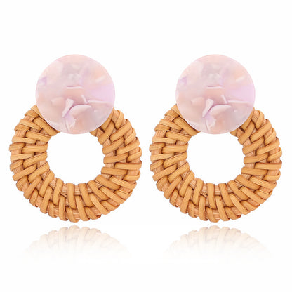 Boucles d'oreilles géométriques creuses en rotin, tissées à la main en bambou et rotin - LUXARAH