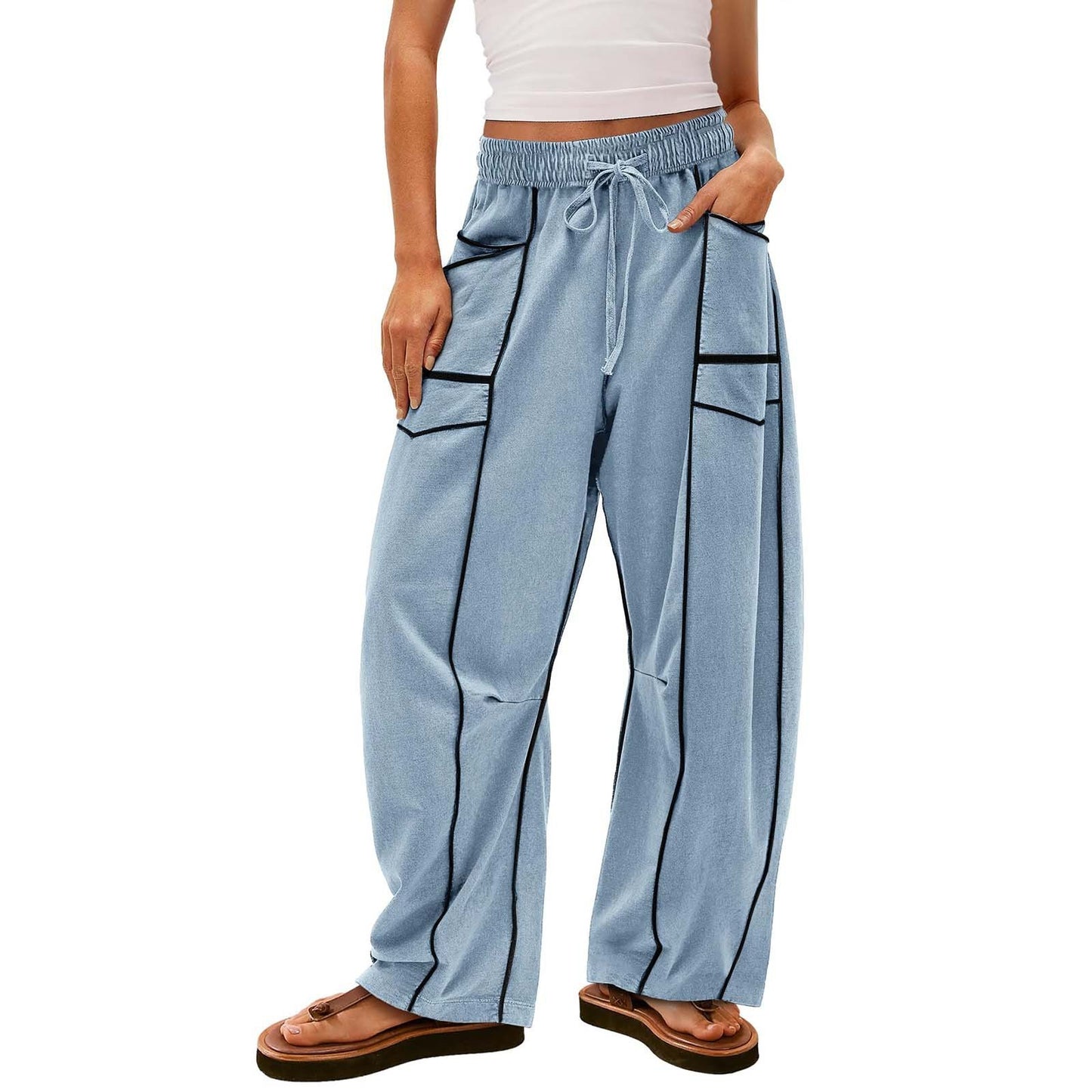 Pantalon large rayé noir Y2K avec poches, pantalon ample à cordon de serrage, pantalon de sport - LUXARAH