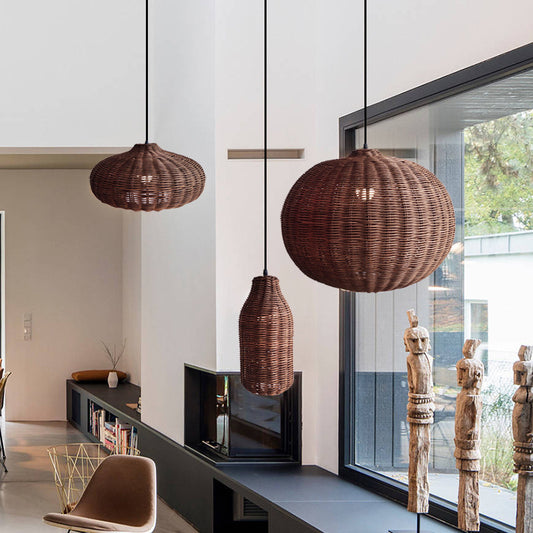 Lustre double tissé en rotin pour la maison - LUXARAH