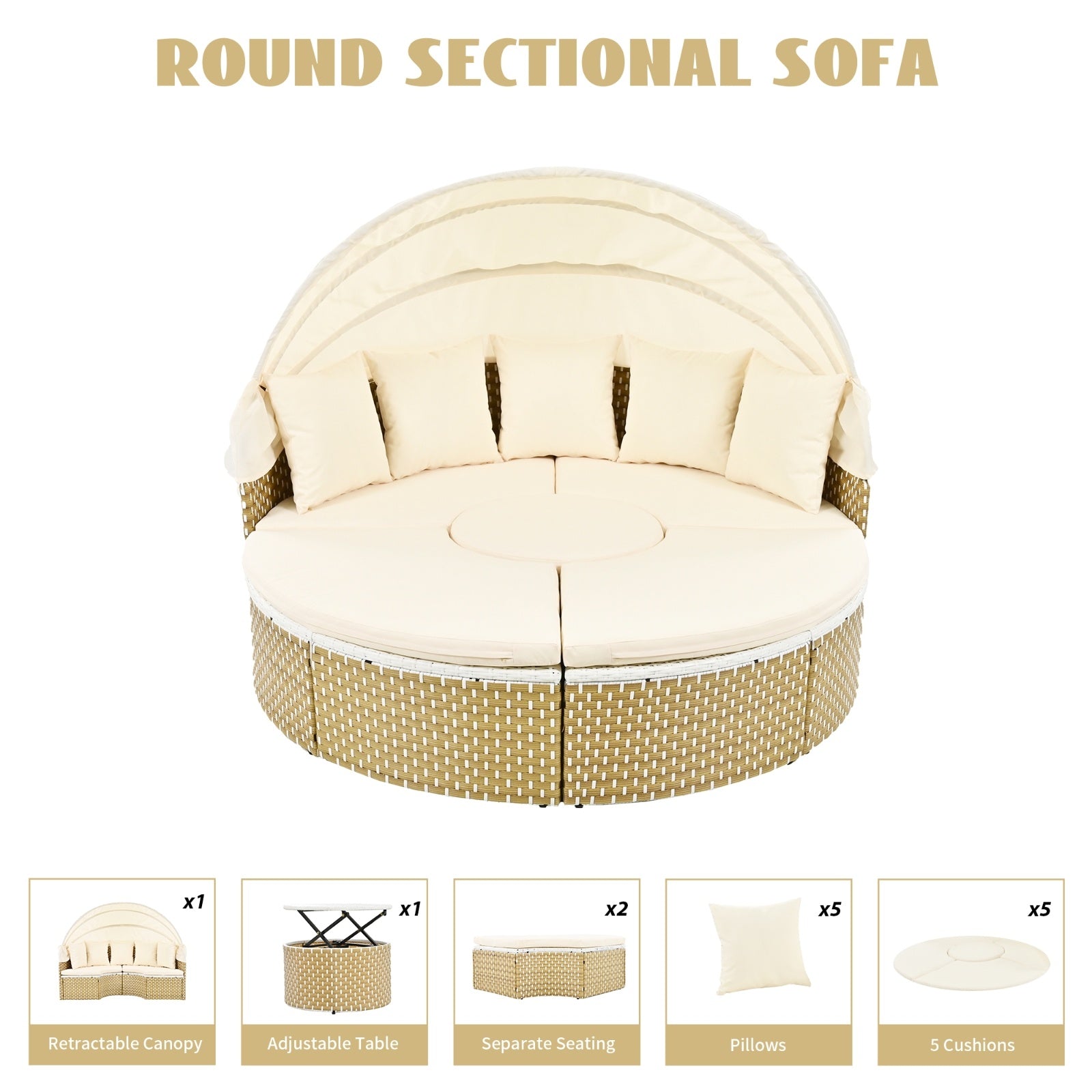 Ensemble de canapés d'extérieur ronds sectionnels TOPMAX Patio Furniture, lit de repos en rotin, bain de soleil tissé bicolore - LUXARAH