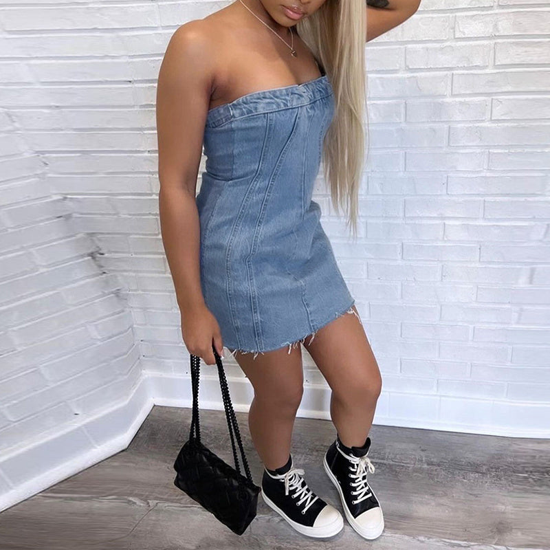 Robe tube en jean, dos nu tendance, tenue d'été sexy Y2K, courte et slim - LUXARAH