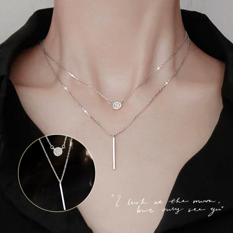Collar de doble cadena de plata S925 con colgante de circonita micropavé redonda para mujer, joyería de moda.
