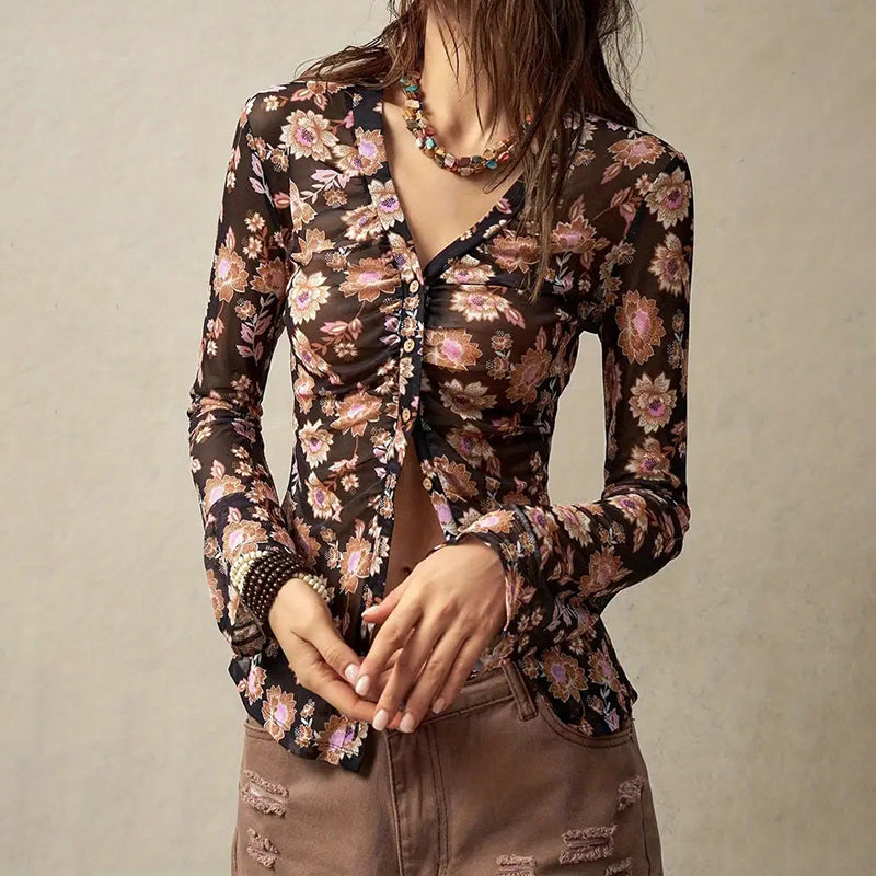 Chemisier boutonné à fleurs, tendance automne 2025, manches longues, col en V, froncé, ajusté - LUXARAH