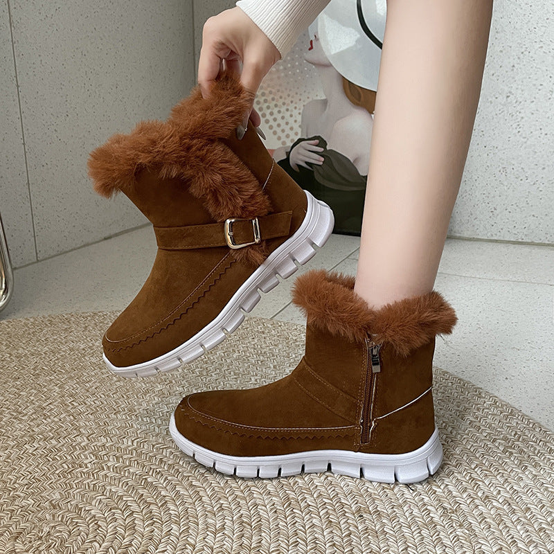 Nouvelles bottes de neige d'hiver, chaudes et épaisses, bottines en peluche de couleur unie avec boucle et chaussures plates en velours pour femmes - LUXARAH