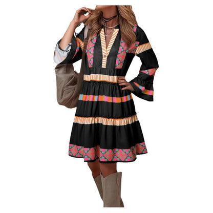 Robe d'été à imprimé tendance, col en V, volants, manches trois-quarts - LUXARAH