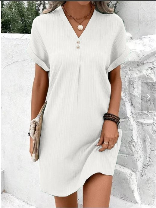Robe décontractée à manches courtes et col en V pour femme, couleur unie, boutons