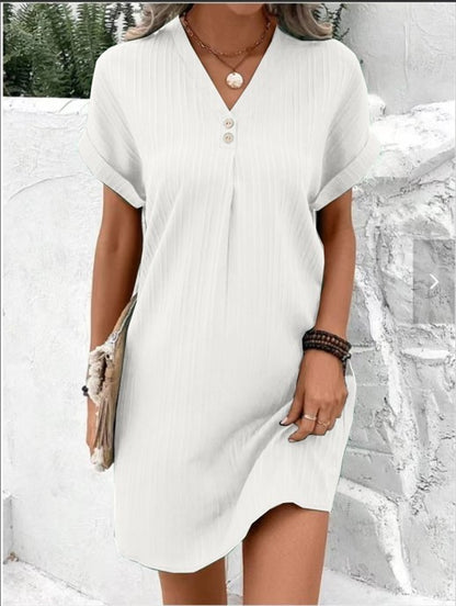 Robe décontractée à manches courtes et col en V pour femme, couleur unie, boutons