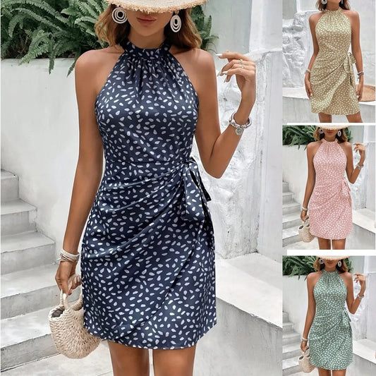 Robe d'été imprimée dos nu avec taille nouée, motif pois frissonnants, pour femme