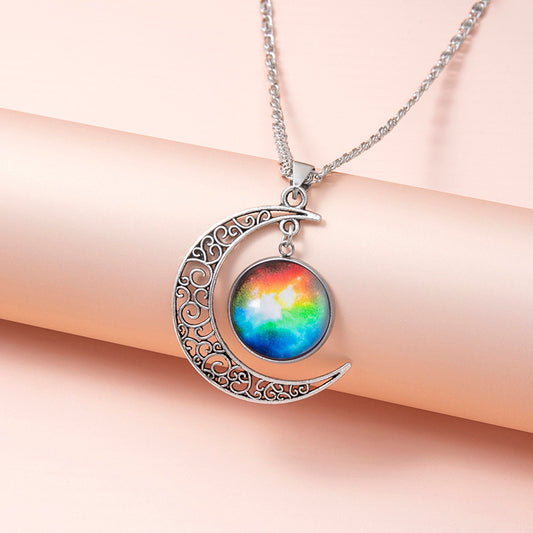 Silver Hollow Moon Galaxy Glass Pendant Necklace for Women