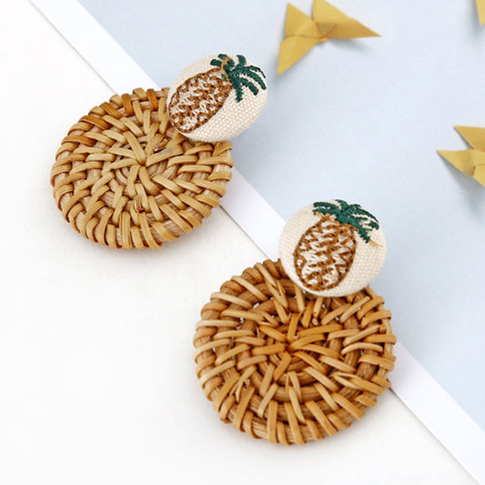 Boucles d'oreilles géométriques creuses en rotin, tissées à la main en bambou et rotin - LUXARAH