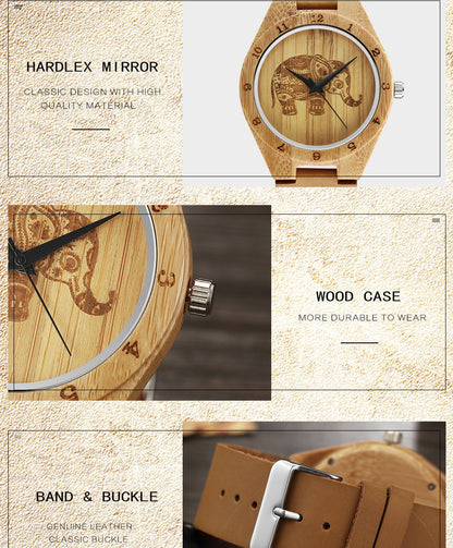 Montre à quartz classique en cuir d'éléphant, rétro, simple, en bois de bambou