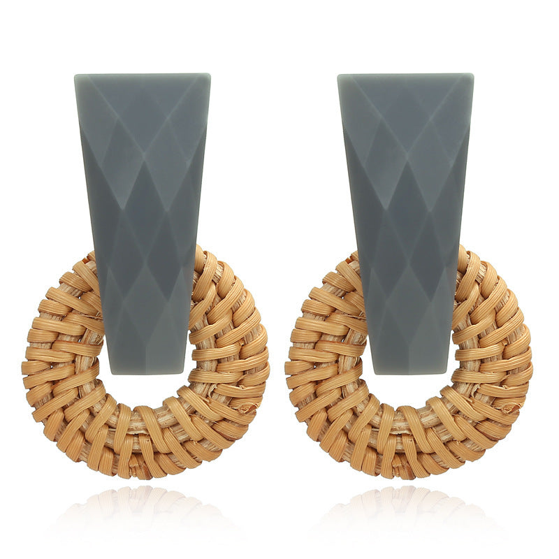Boucles d'oreilles géométriques creuses en rotin tissées à la main en bois, bambou et rotin, style rétro - LUXARAH