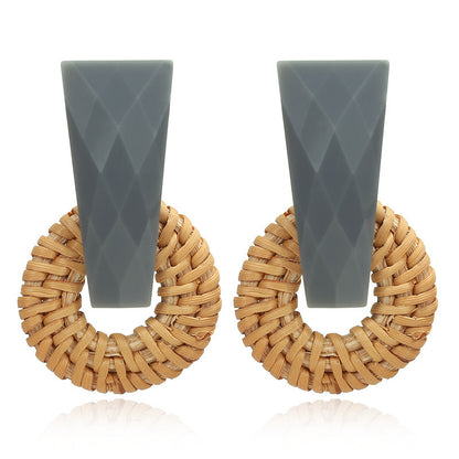 Boucles d'oreilles géométriques creuses en rotin tissées à la main en bois, bambou et rotin, style rétro - LUXARAH