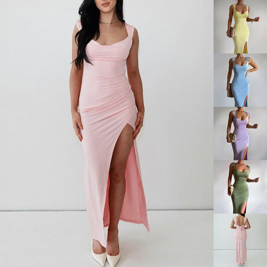 Robe fendue sans manches, slim, avec lien au dos, design tendance - LUXARAH